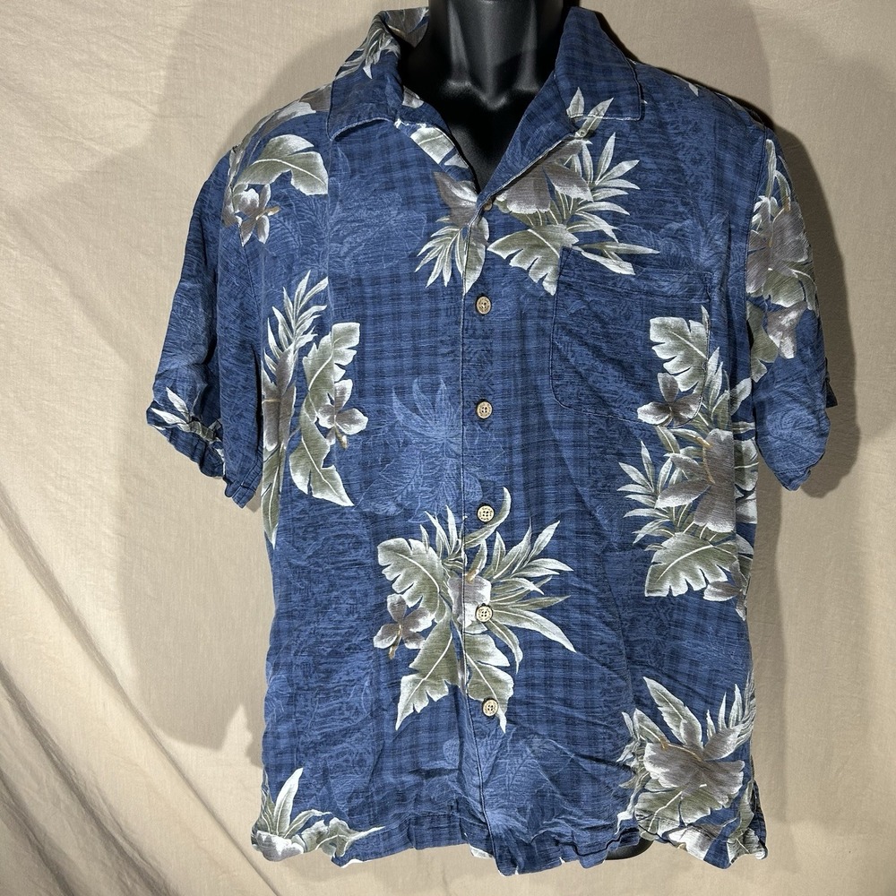 Batik Bay Mens Hawaiian Shirt Size L Blue Tropical Leaf 100% Washable Silk